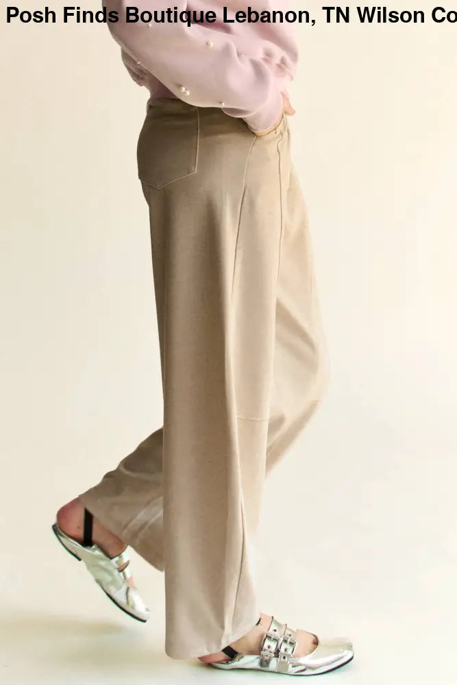 SOLID ELASTIC WAISTBAND POCKETS LONG BARREL PANTS: Khaki / S - Posh Finds