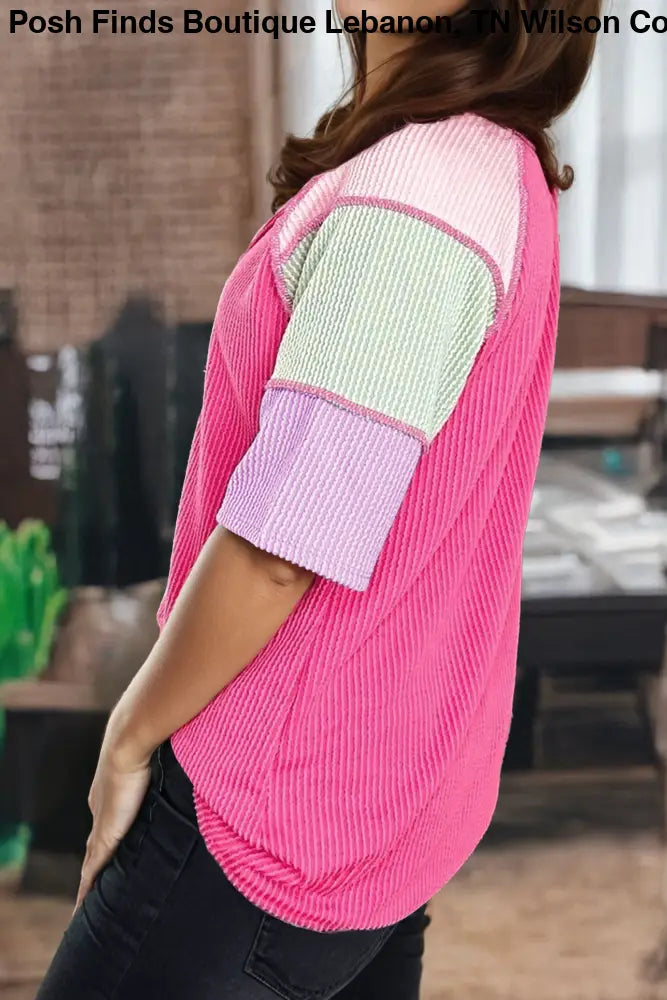 Spring Rib Color Block Patched Henley Short Sleeve T Shirt: Bright Pink - Posh Finds