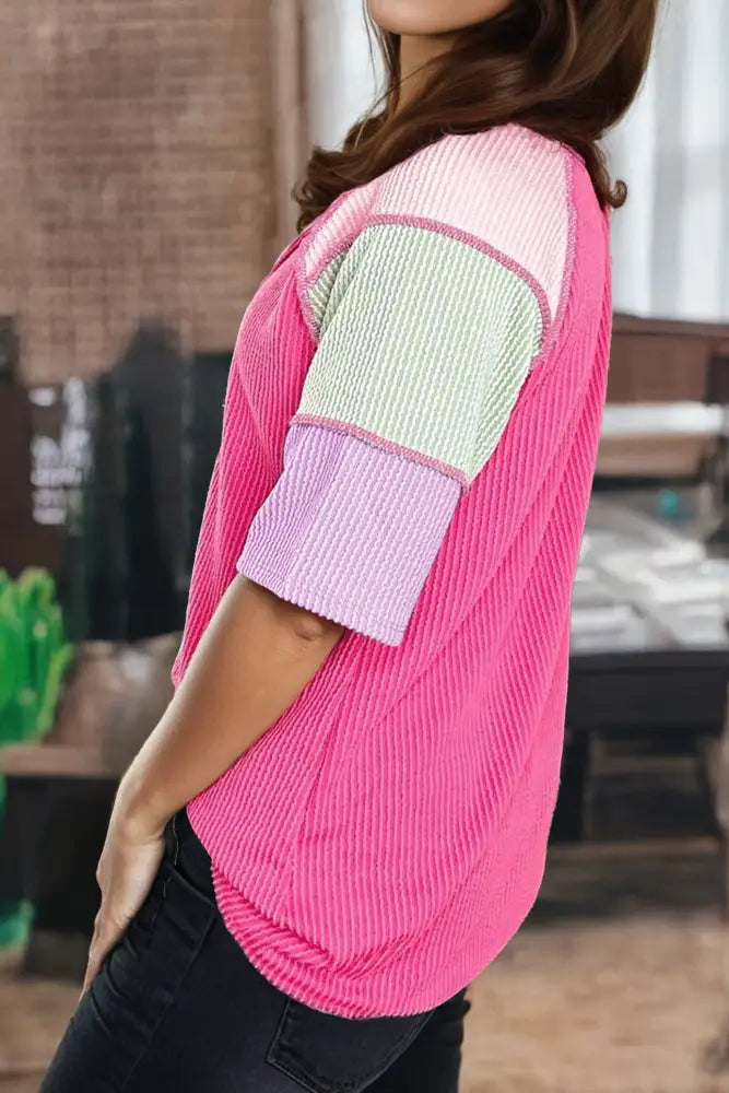 Spring Rib Color Block Patched Henley Short Sleeve T Shirt: Bright Pink - Posh Finds