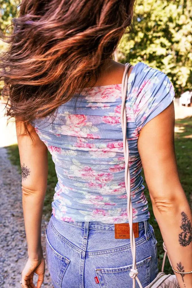 Square Neck Cap Sleeve Ruched Floral Mesh Top: Sky Blue - Women > Tops
