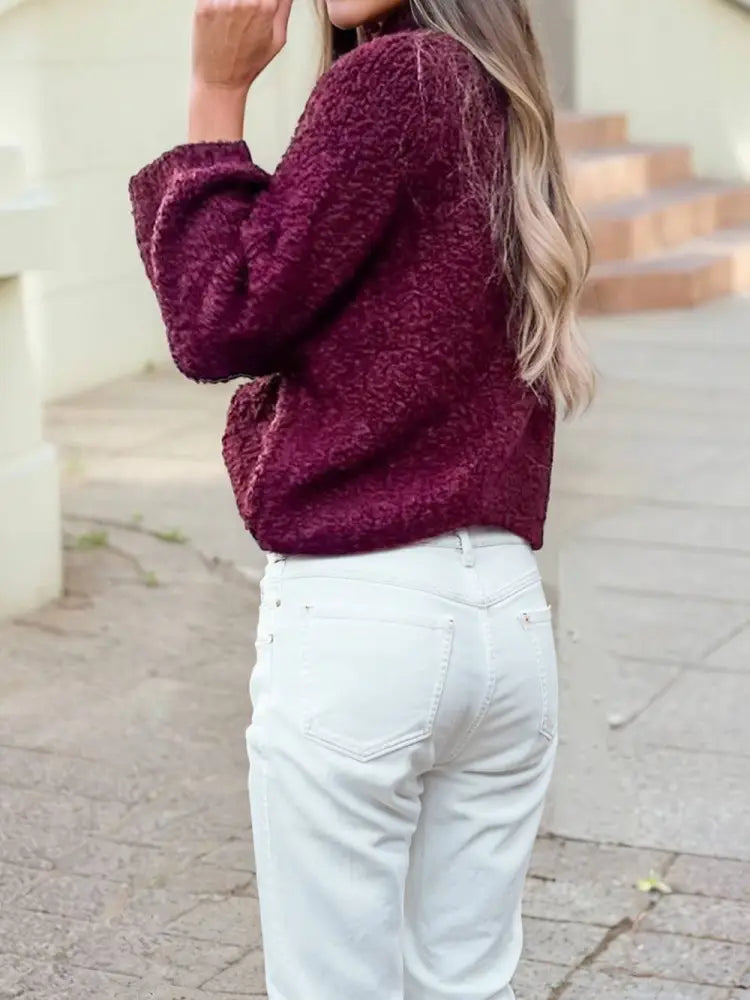Stand Neck Long Sleeve Sweater: Burgundy - Posh Finds