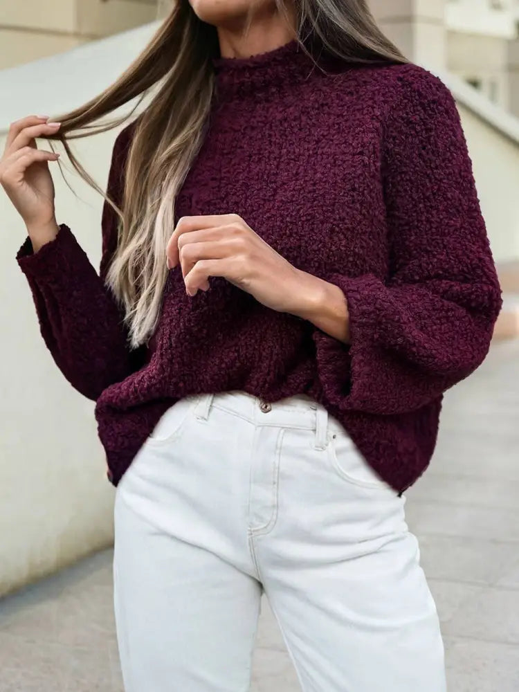 Stand Neck Long Sleeve Sweater: Burgundy - Posh Finds