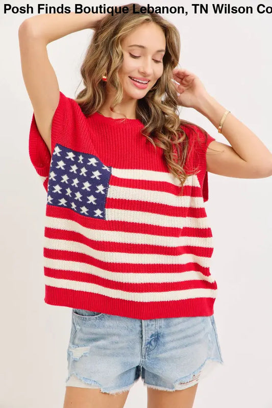STAR AND STRIPE AMERICAN FLAG KNIT TOP: Red - Women > Tops