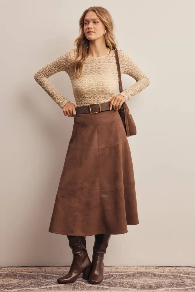 Stretched Suede A-Line Midi Skirt FSK0023: Mocha / Contemporary / S