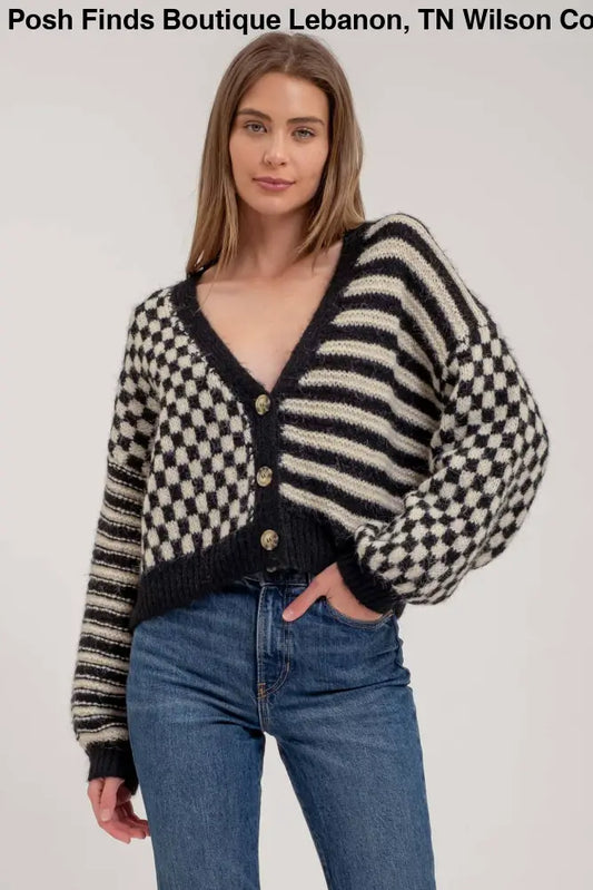 STRIPE AND CHECKERED DROP SHOULDER KNIT CARDIGAN: BLACK - Posh Finds