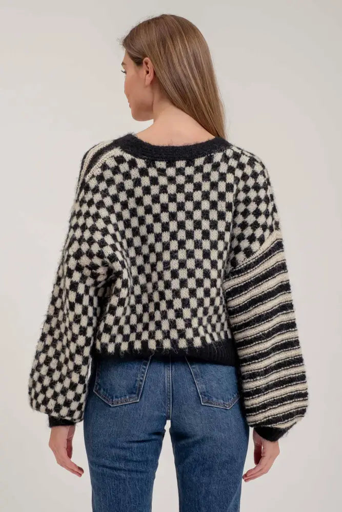 STRIPE AND CHECKERED DROP SHOULDER KNIT CARDIGAN: BLACK - Posh Finds
