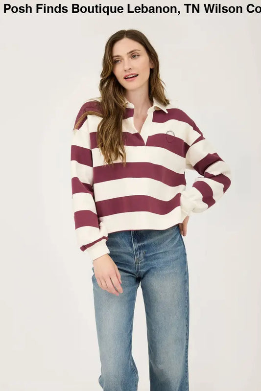 STRIPE COLLARED LONG SLEEVE POLO KNIT TOP: OXBLOOD - Posh Finds