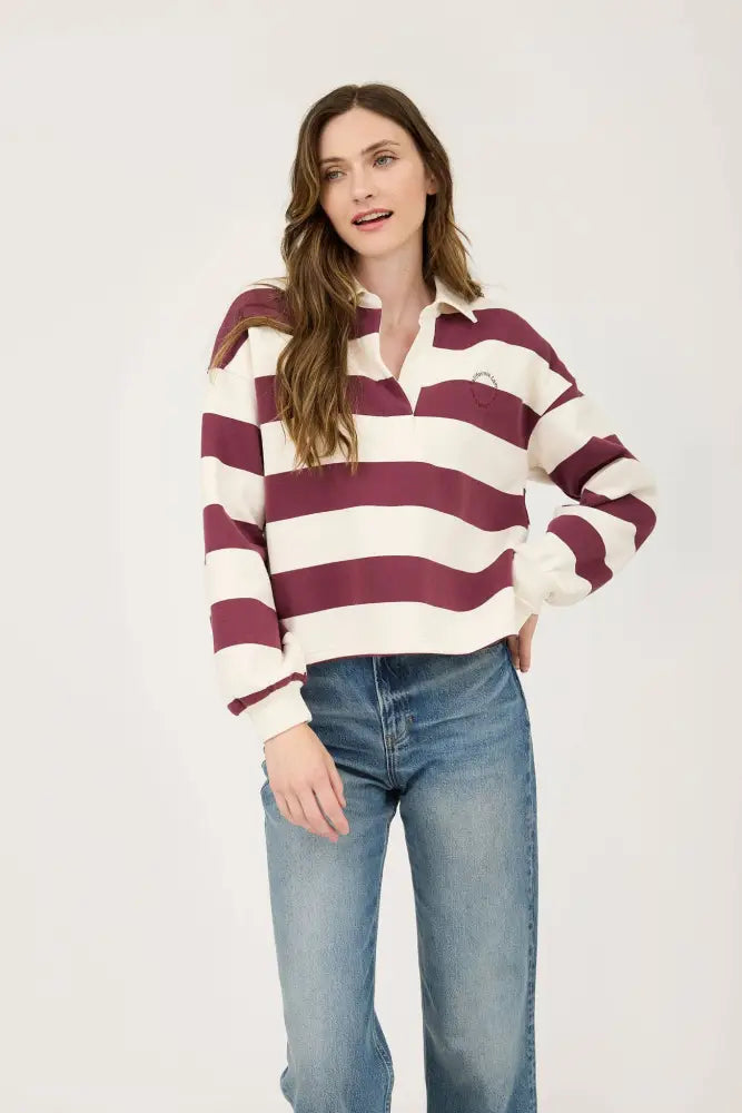 STRIPE COLLARED LONG SLEEVE POLO KNIT TOP: OXBLOOD - Posh Finds
