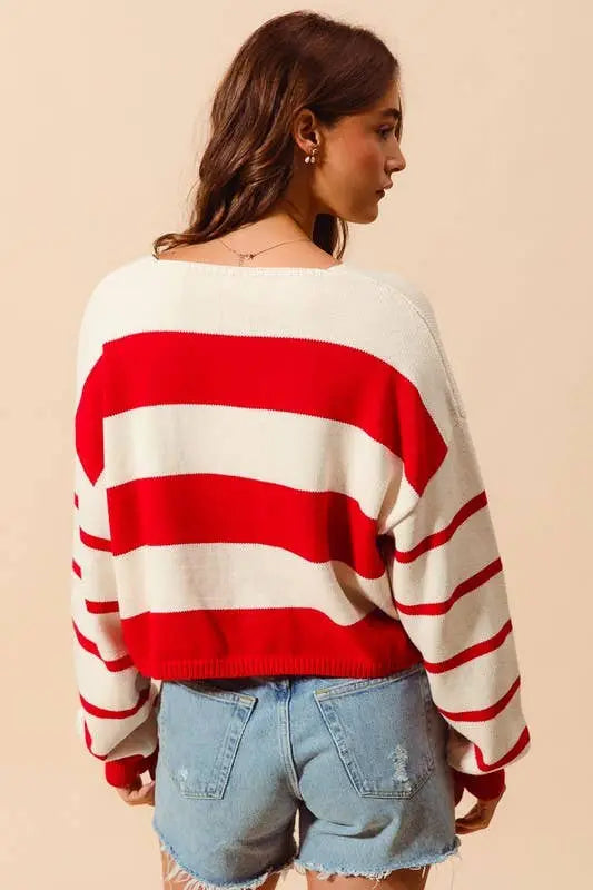Stripe Knitted V Neck Loose Fit Sweater: RED/IVORY - Posh Finds