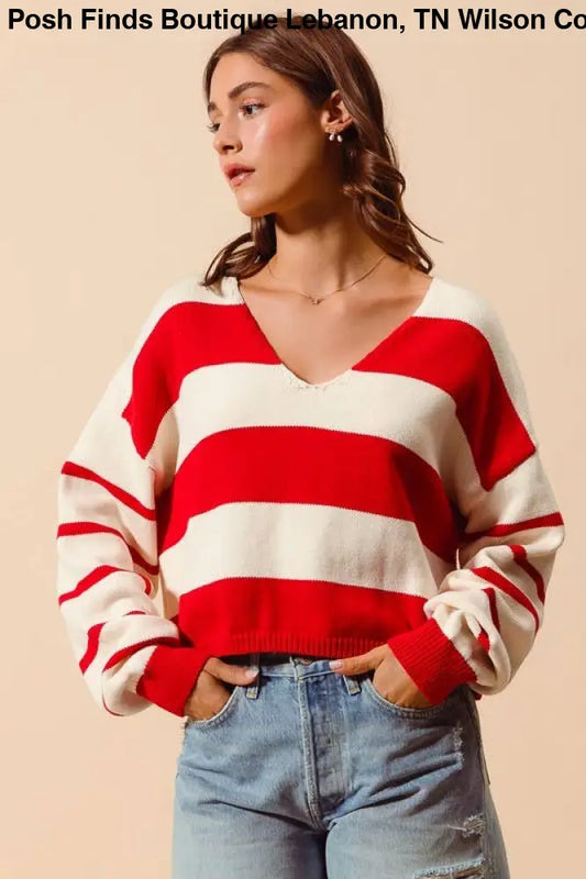 Stripe Knitted V Neck Loose Fit Sweater: RED/IVORY - Posh Finds