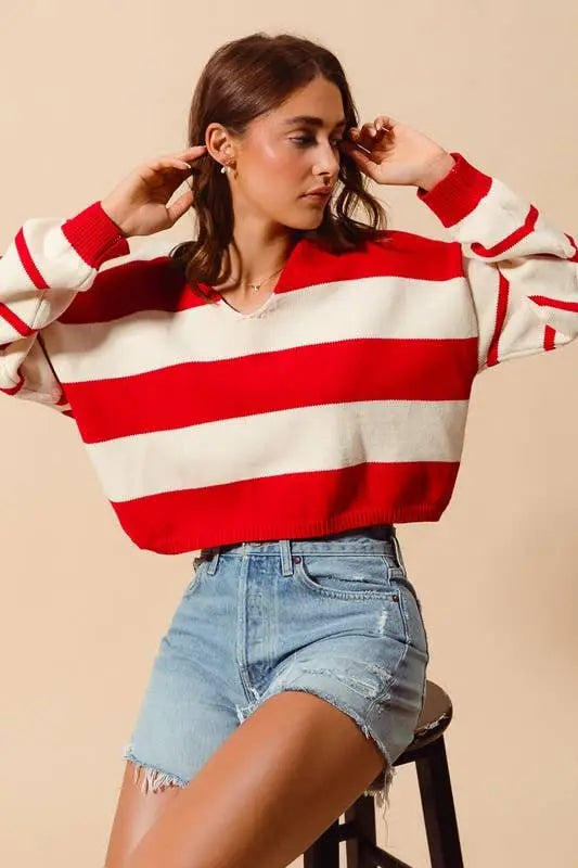 Stripe Knitted V Neck Loose Fit Sweater: RED/IVORY - Posh Finds