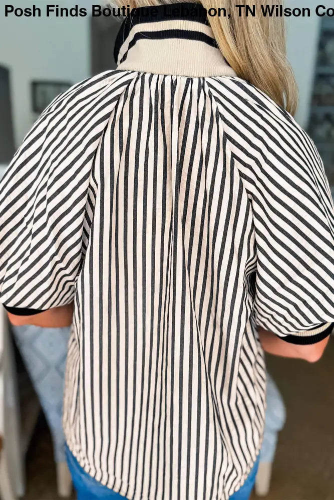 Stripe Polo Collar Half Zip Short Puff Sleeve Blouse: Black Stripe - Posh Finds