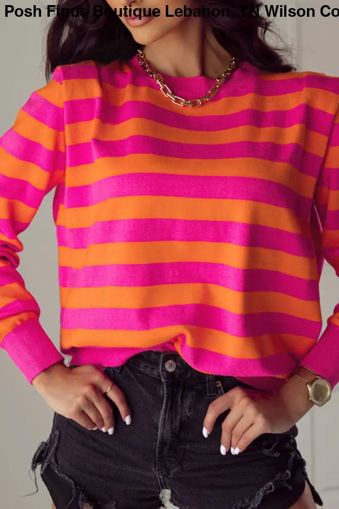 Stripe Shoulder Pad Round Neck Sweater: Rose - Posh Finds