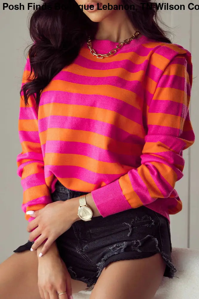 Stripe Shoulder Pad Round Neck Sweater: Rose - Posh Finds