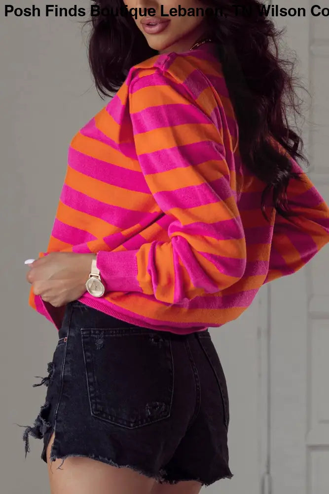 Stripe Shoulder Pad Round Neck Sweater: Rose - Posh Finds