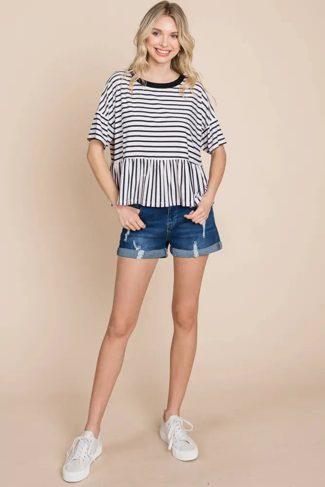 Striped Babydoll Short Sleeve Top: Black - Posh Finds