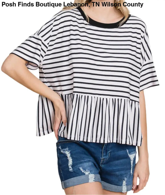 Striped Babydoll Short Sleeve Top: Black - Posh Finds