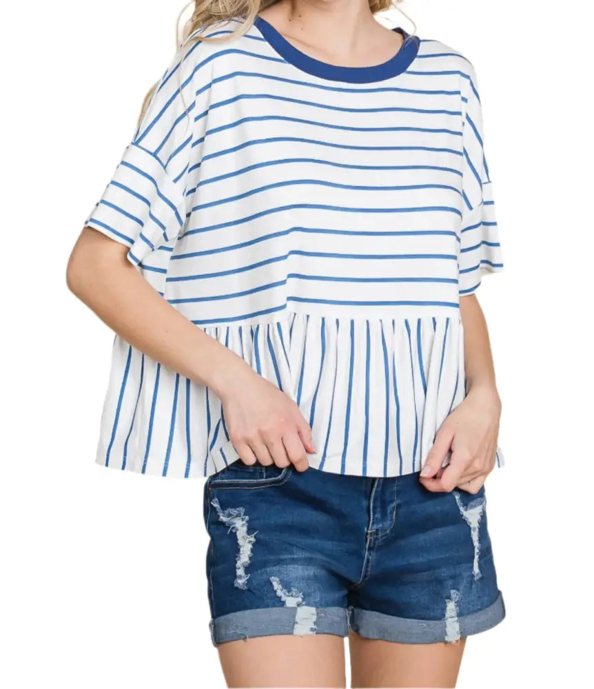 Striped Babydoll Short Sleeve Top: Denim - Posh Finds