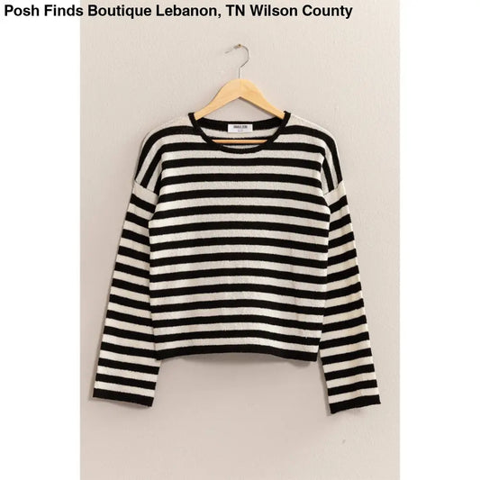STRIPED CREWNECK SWEATER: BLACK/CREAM - Posh Finds