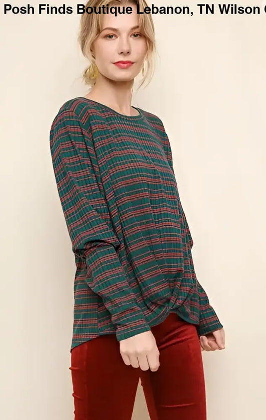 Striped Long Puff Sleeve Top with a Gathered Front Hunter Green - Posh Finds