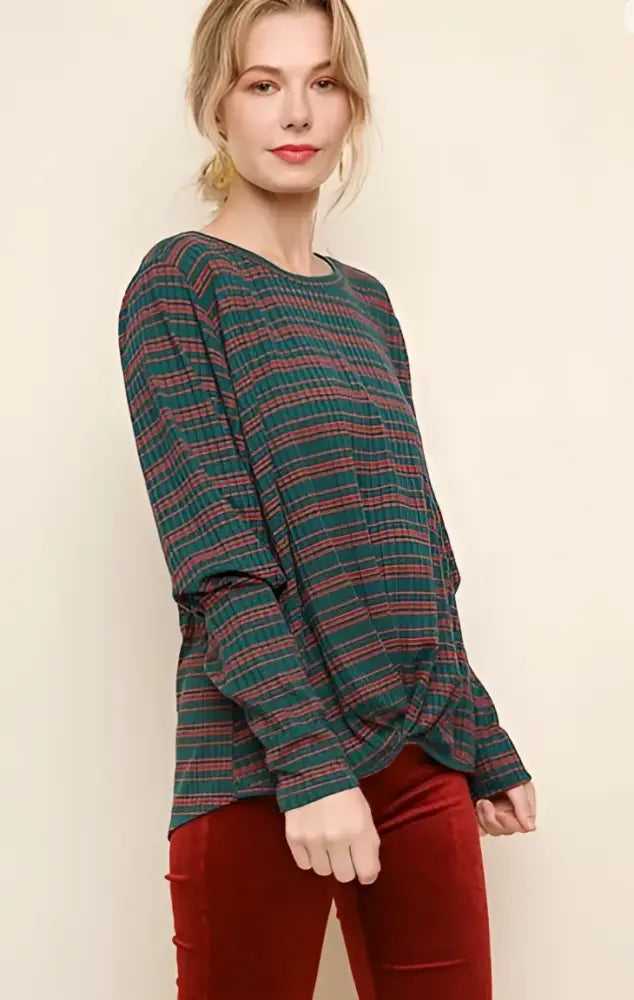 Striped Long Puff Sleeve Top with a Gathered Front Hunter Green - Posh Finds