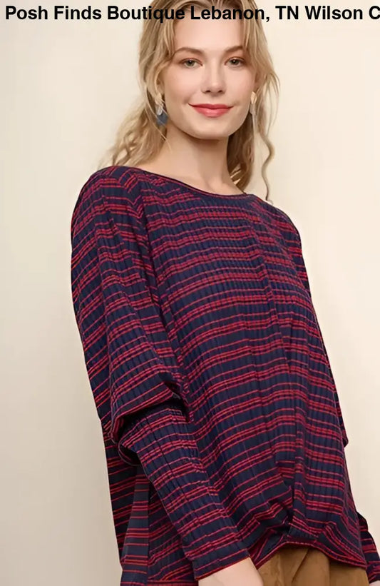 Striped Long Puff Sleeve Top with a Gathered Front Navy Red - Posh Finds
