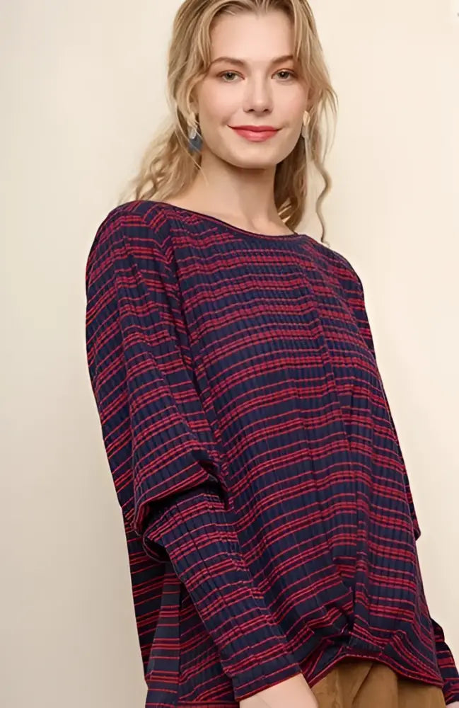 Striped Long Puff Sleeve Top with a Gathered Front Navy Red - Posh Finds
