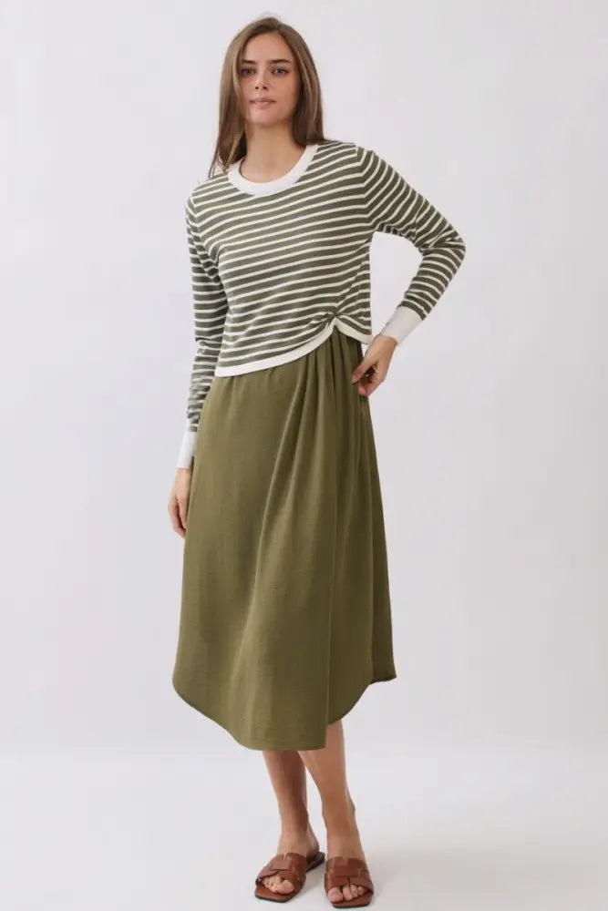 Striped Long Sleeve Knit Top Matching Midi Skirt Set - Olive White Combo - Women > Sets