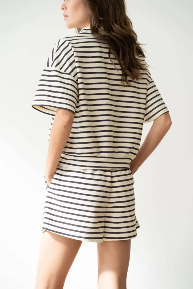 STRIPED V-NECK COLLARED SHORT SLEEVE SHIRT: CHARCOAL STRIPE - Posh Finds