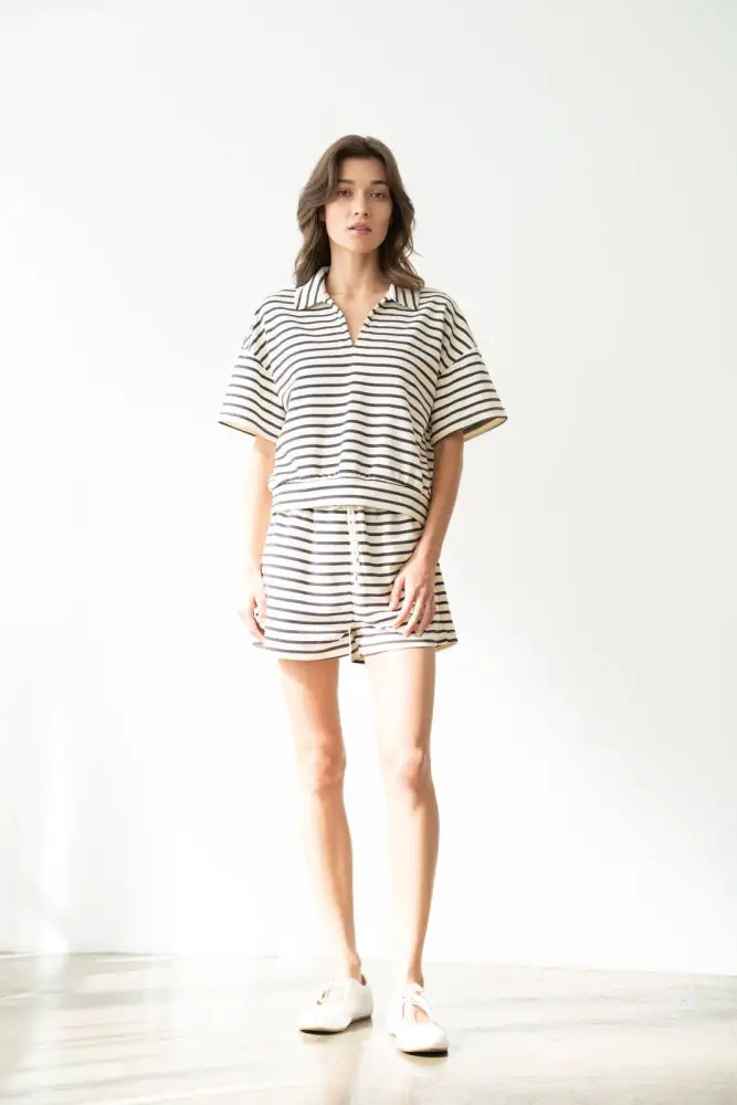 STRIPED V-NECK COLLARED SHORT SLEEVE SHIRT: CHARCOAL STRIPE - Posh Finds