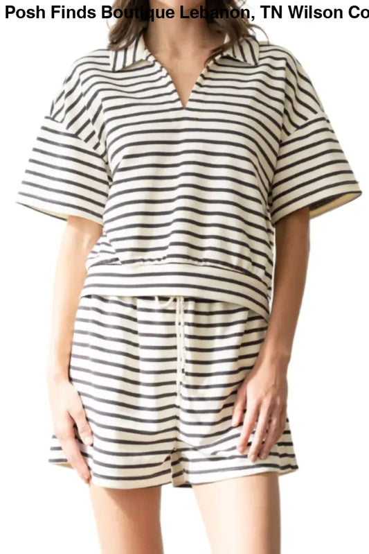 STRIPED V-NECK COLLARED SHORT SLEEVE SHIRT: CHARCOAL STRIPE - Posh Finds