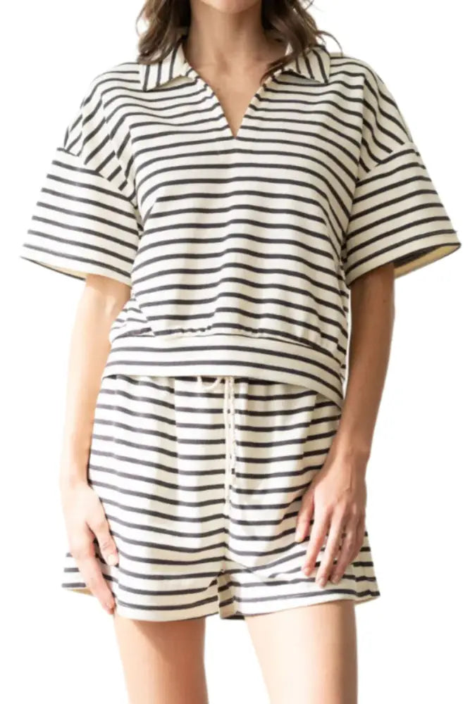 STRIPED V-NECK COLLARED SHORT SLEEVE SHIRT: CHARCOAL STRIPE - Posh Finds