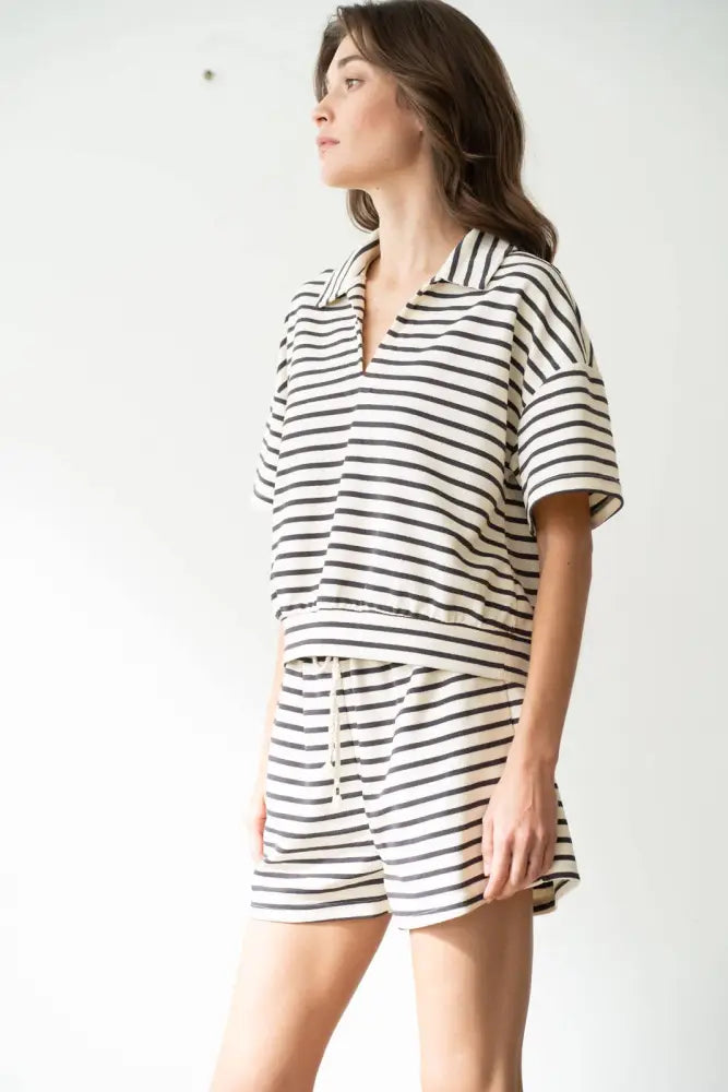 STRIPED V-NECK COLLARED SHORT SLEEVE SHIRT: CHARCOAL STRIPE - Posh Finds