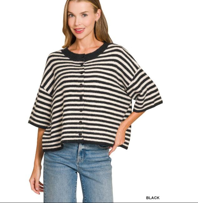 Striped Wool Blend Half Sleeve Cardigan Sweater - Black
