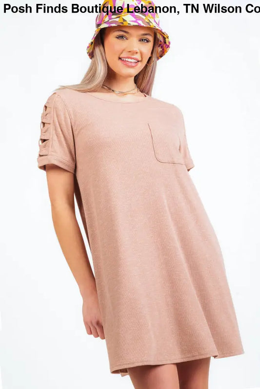 ND30836-Ruched Cutout Sleeve Tee Dress: TAUPE / S-M-L/2-2-2