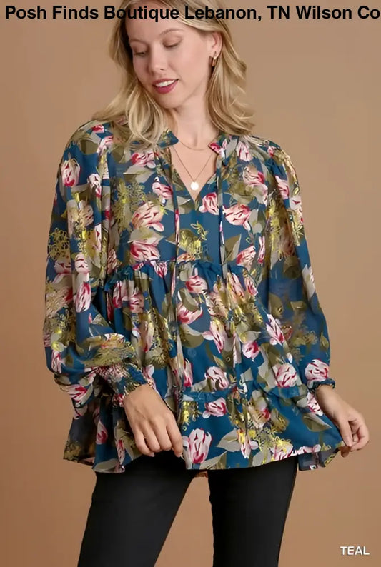 Teal and Gold Floral Print Blouse - Posh Finds