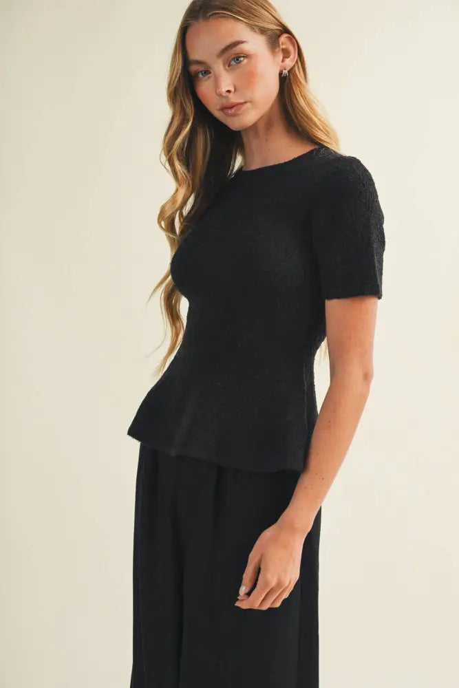 Textural Bouclé Knit Peplum Pullover: GINGER BREAD / M