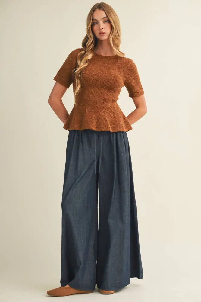 Textural Bouclé Knit Peplum Pullover: GINGER BREAD / M