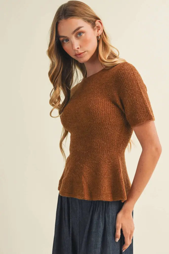 Textural Bouclé Knit Peplum Pullover: GINGER BREAD / M