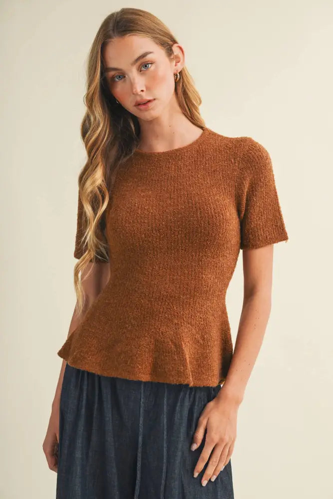 Textural Bouclé Knit Peplum Pullover: GINGER BREAD / M
