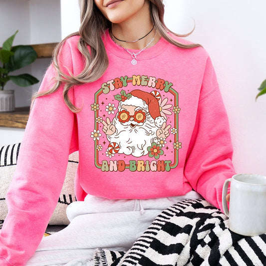 Stay Merry and Bright Santa Sweatshirt in Pink