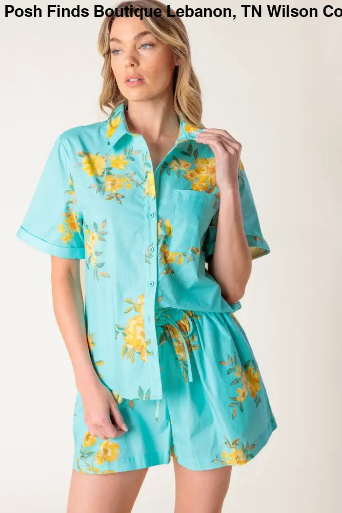 Turquoise Printed Woven Top and Short Set - set