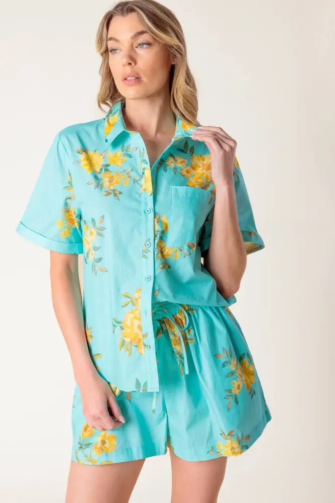 Turquoise Printed Woven Top and Short Set - set