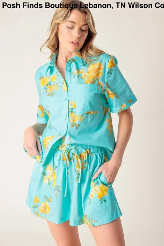 Turquoise Printed Woven Top and Short Set - set