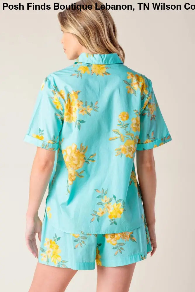 Turquoise Printed Woven Top and Short Set - set