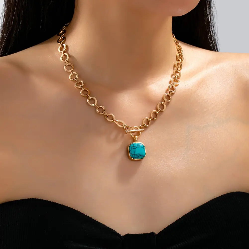 Turquoise-Tone Medallion Toggle Necklace | 80N93042: Gold