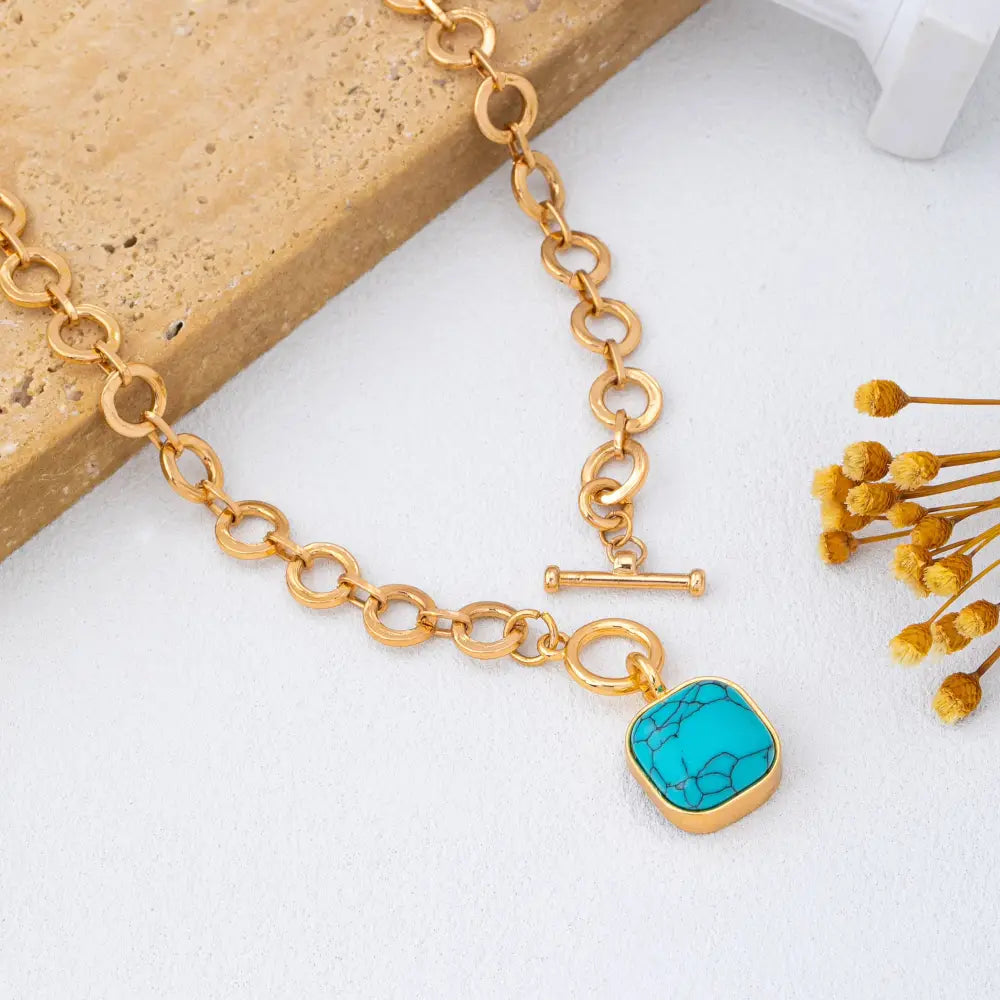 Turquoise-Tone Medallion Toggle Necklace | 80N93042: Gold