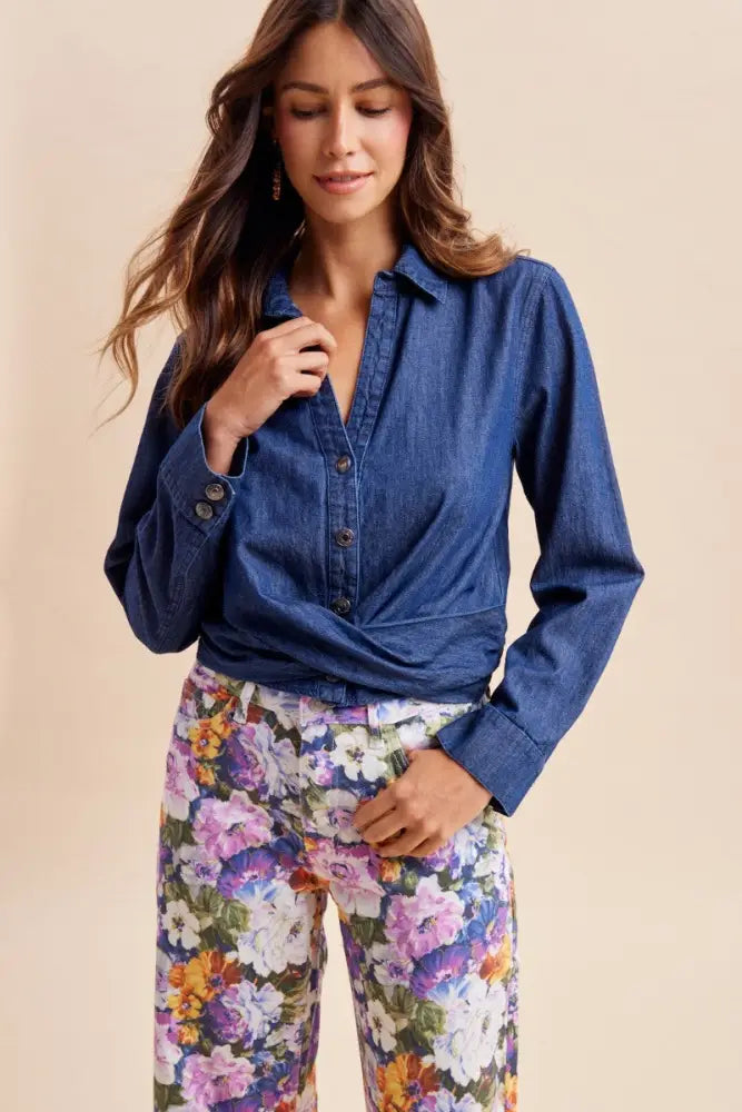 Twisted Waist Detail Denim Cropped Shirt - Denim Blue - Women > Tops