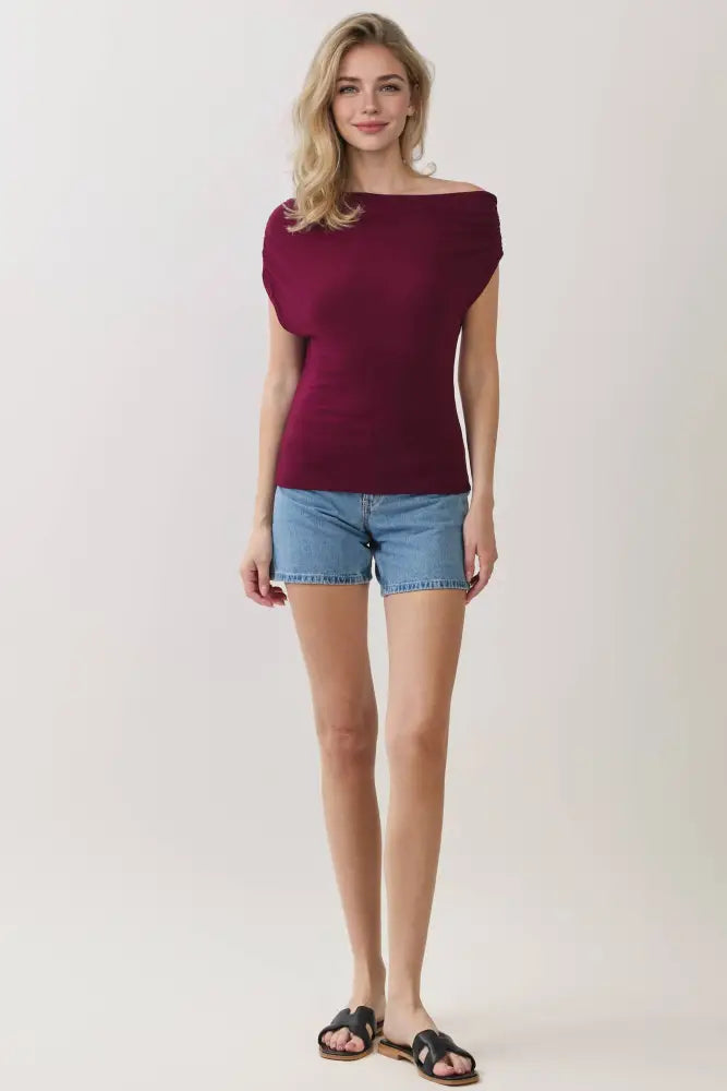 UNBALANCED OFF SHOULDER FITTED TOP - VJT300172: Ivory / S