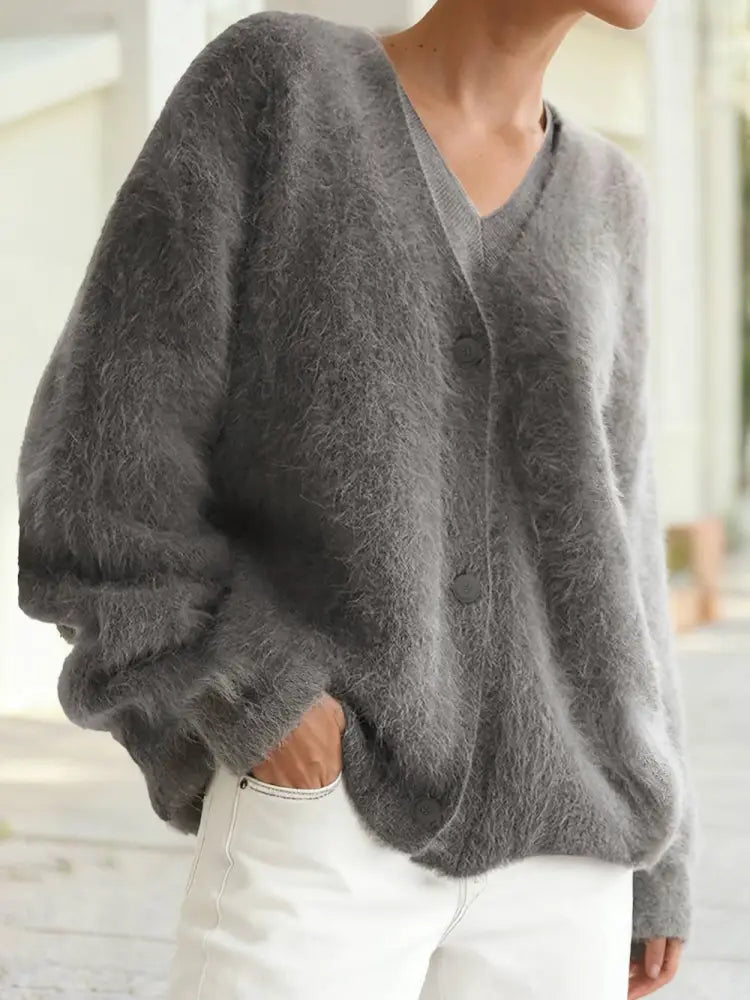 V Neck Button Down Fuzzy Knit Mohair Sweater Cardigan:Gray - Posh Finds